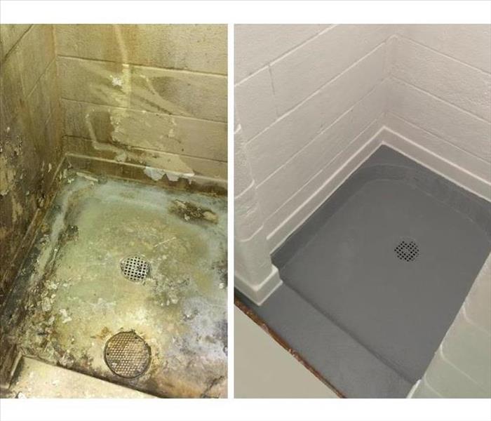 shower with mold on the right hand side, shower base with reconstructed base