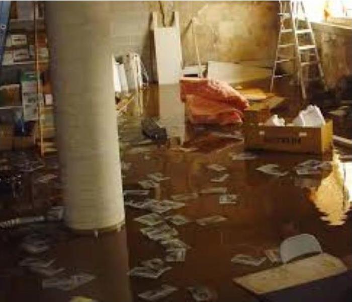flooded basement with debris in about 2 inches of water 