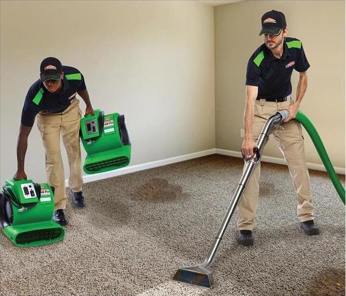 sevrpro employee in uniform, cleaning carpet with equipment in background