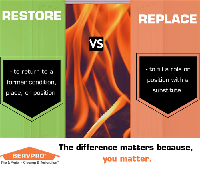 graphic with orange and green background labeled, restore versus replace with fire background 